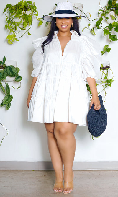 Sweet Summer | Puff Sleeve Ruffle Print Dress- White - Cutely Covered