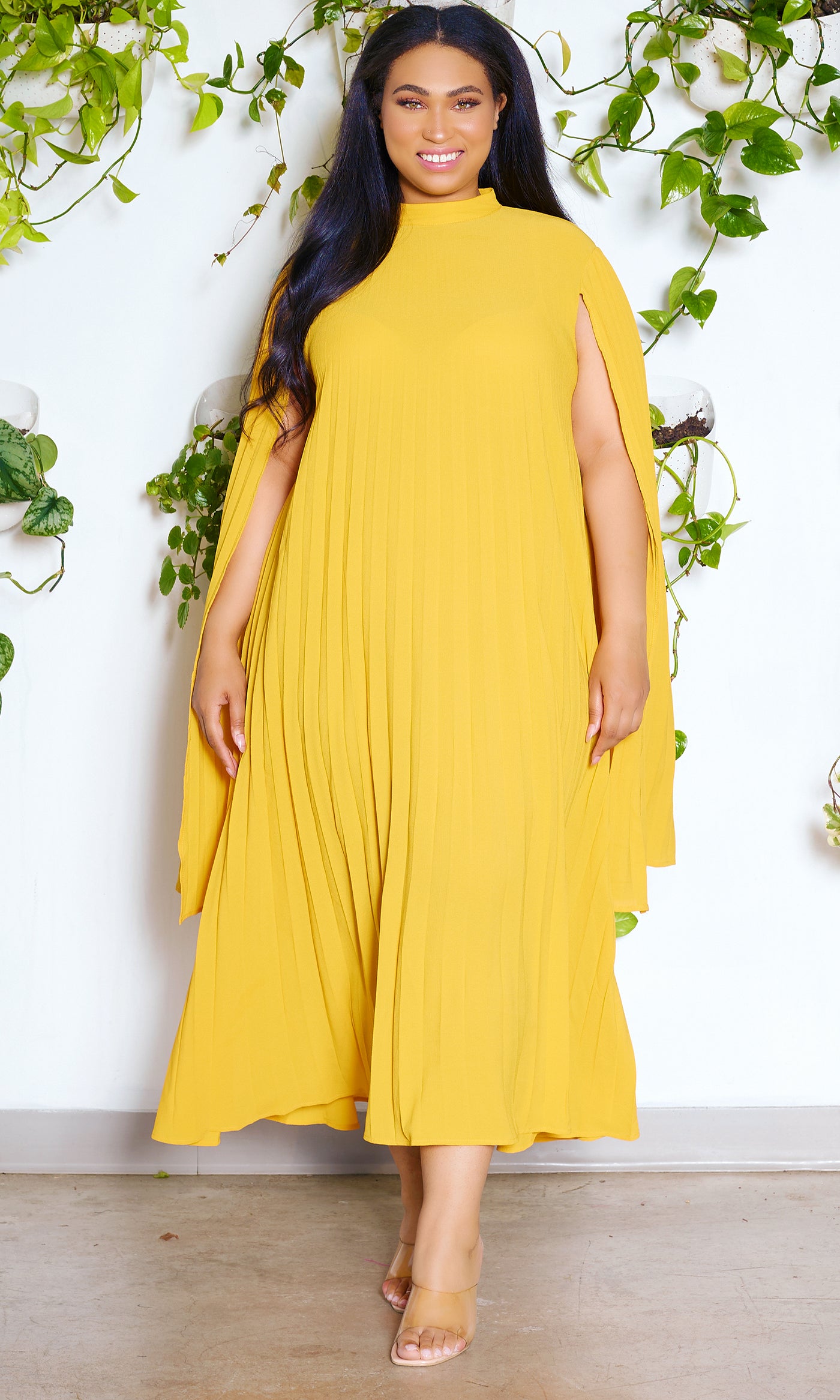 Royalty | Pleated Maxi Cape Dress - Mustard - Cutely Covered