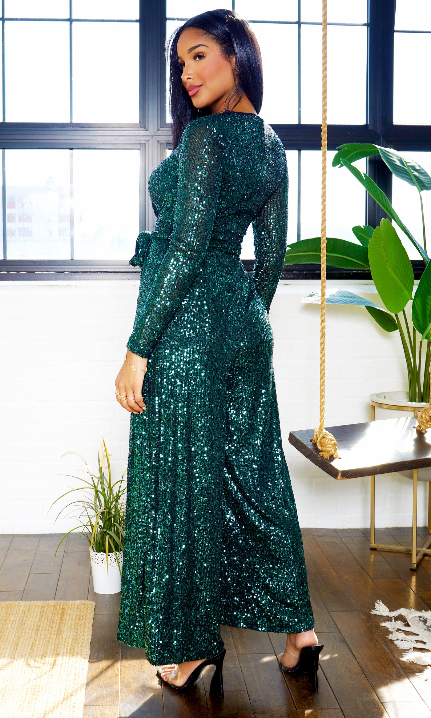 Glitz V-Neck Sequin Jumpsuit - Green - Cutely Covered
