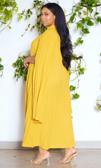 Royalty | Pleated Maxi Cape Dress - Mustard - Cutely Covered