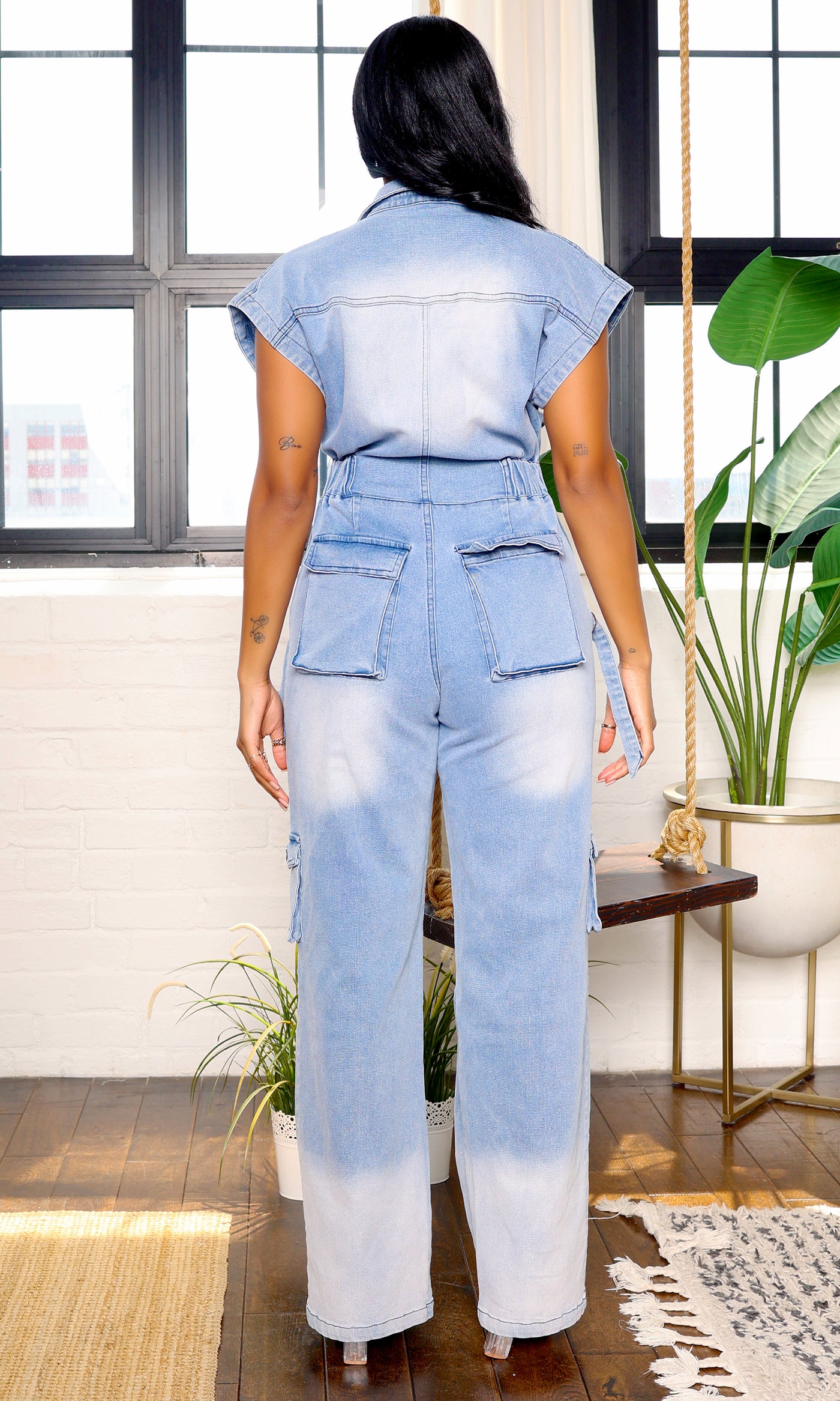 Short Sleeve Cargo Denim Jumpsuit - Light Blue  PREORDER Ships Early July - Cutely Covered