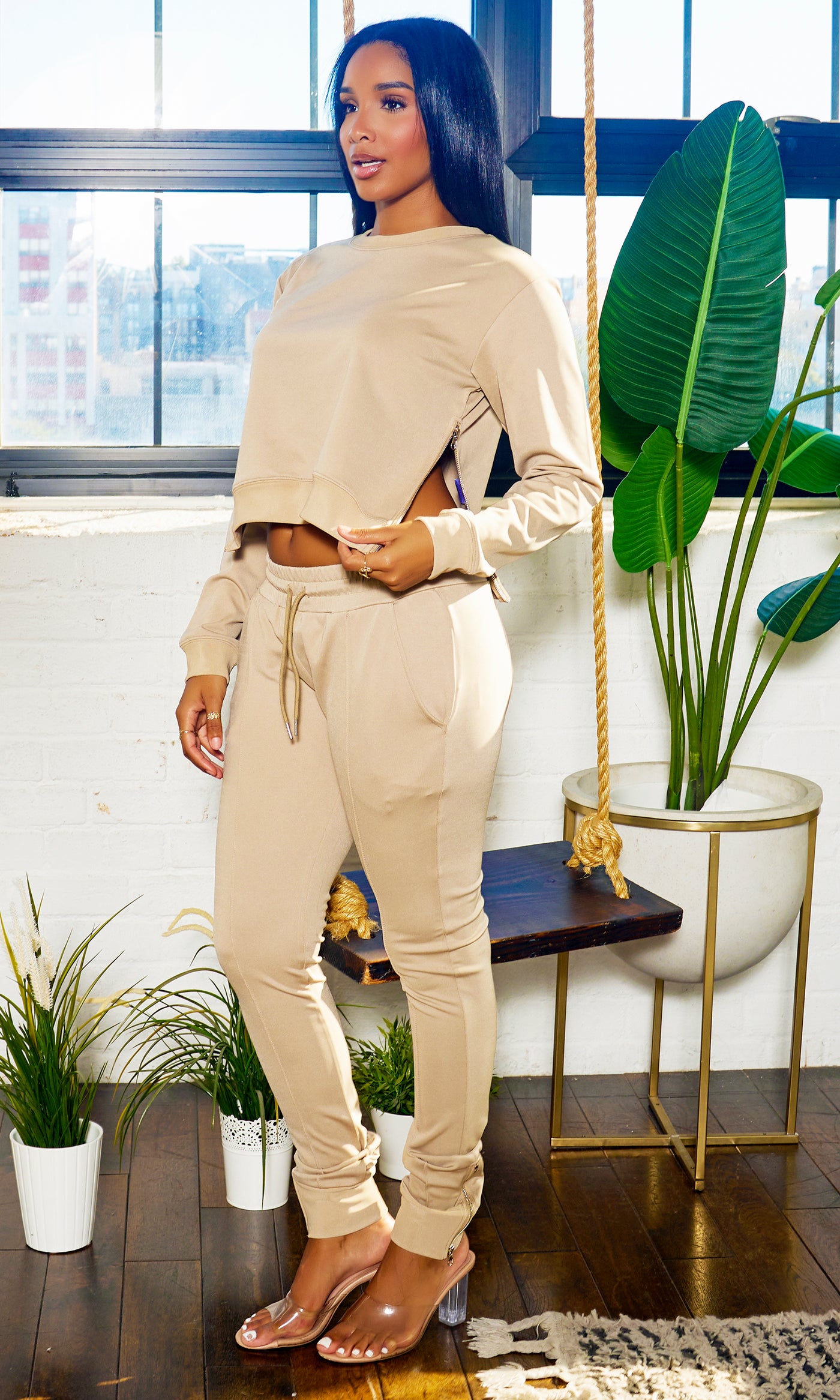 Zip Detail Tracksuit Set - Tan - Cutely Covered
