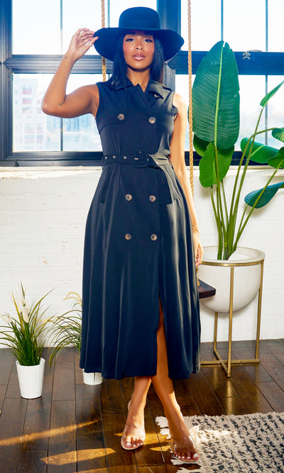 Sleeveless Trench Dress - Black - Cutely Covered