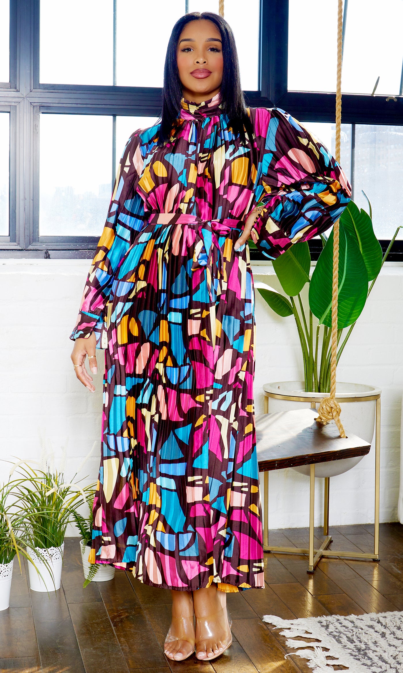 Rainbow Cascade Long Sleeve Maxi Dress - Brown - Cutely Covered