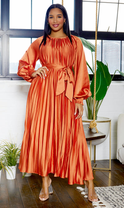 Sunkissed Pleats Maxi Dress - Terracotta - Cutely Covered