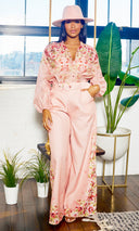 Fancy Floral | Long Belted Pants Set - Blush Artwork Print - Cutely Covered