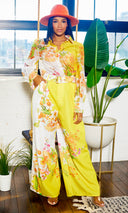 Fancy Floral | Long Belted Pants Set - Yellow Artwork Print - Cutely Covered