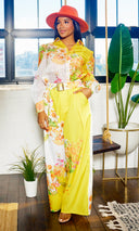 Fancy Floral | Long Belted Pants Set - Yellow Artwork Print - Cutely Covered