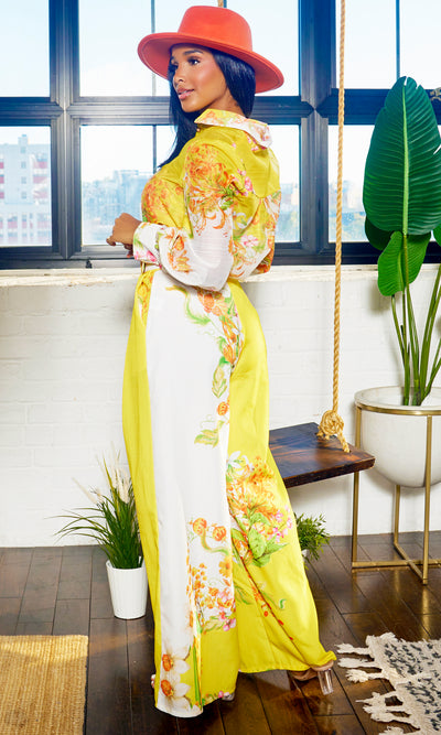 Fancy Floral | Long Belted Pants Set - Yellow Artwork Print - Cutely Covered