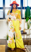 Fancy Floral | Long Belted Pants Set - Yellow Artwork Print - Cutely Covered