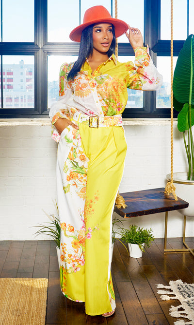Fancy Floral | Long Belted Pants Set - Yellow Artwork Print - Cutely Covered