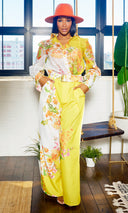 Fancy Floral | Long Belted Pants Set - Yellow Artwork Print - Cutely Covered
