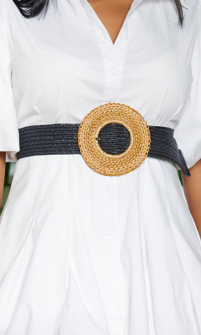 Bohemian Straw Circle Buckle Belt - Black - Cutely Covered