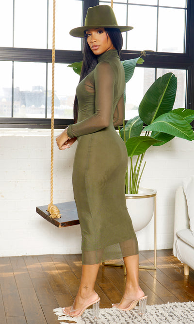 Bodycon Mesh Midi Dress - Olive - Cutely Covered