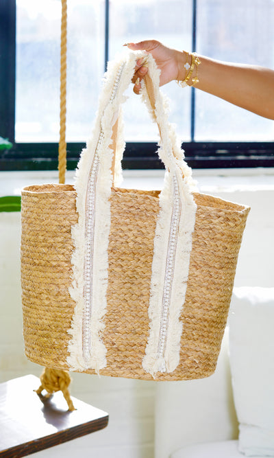 Straw Summer Tote Bag- Natural/White - Cutely Covered