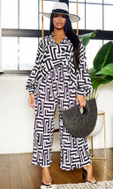 Print Collared Button Down Pleated Pants Set - Beige/Black - Cutely Covered