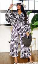Print Collared Button Down Pleated Pants Set - Beige/Black - Cutely Covered