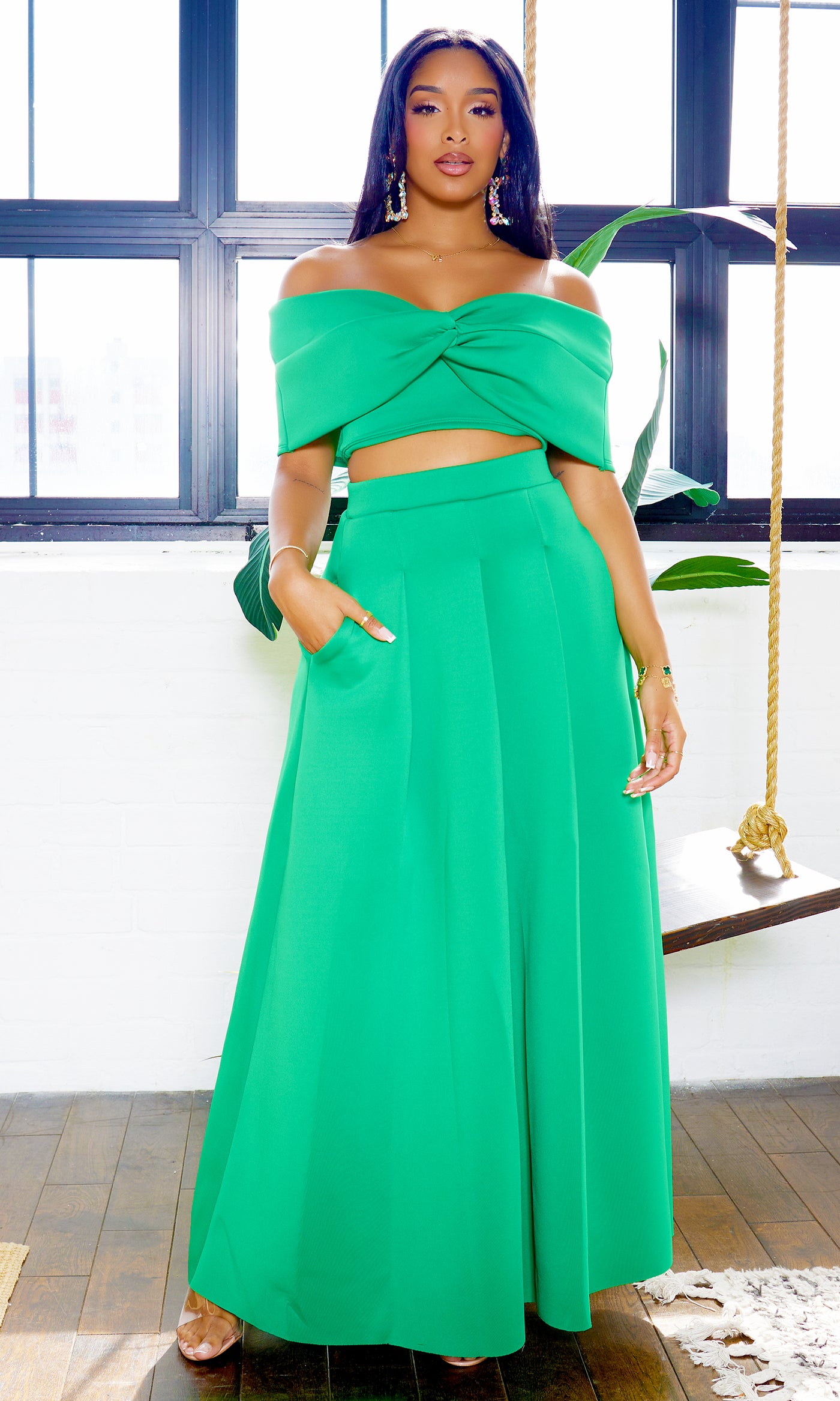 Veronica | Off The Shoulder Crop Skirt Set - Green - Cutely Covered