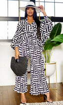 Print Collared Button Down Pleated Pants Set - Beige/Black - Cutely Covered