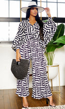 Print Collared Button Down Pleated Pants Set - Beige/Black - Cutely Covered