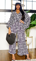 Print Collared Button Down Pleated Pants Set - Beige/Black - Cutely Covered
