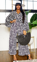 Print Collared Button Down Pleated Pants Set - Beige/Black - Cutely Covered