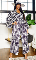 Print Collared Button Down Pleated Pants Set - Beige/Black - Cutely Covered