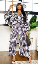 Print Collared Button Down Pleated Pants Set - Beige/Black - Cutely Covered
