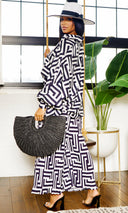 Print Collared Button Down Pleated Pants Set - Beige/Black - Cutely Covered