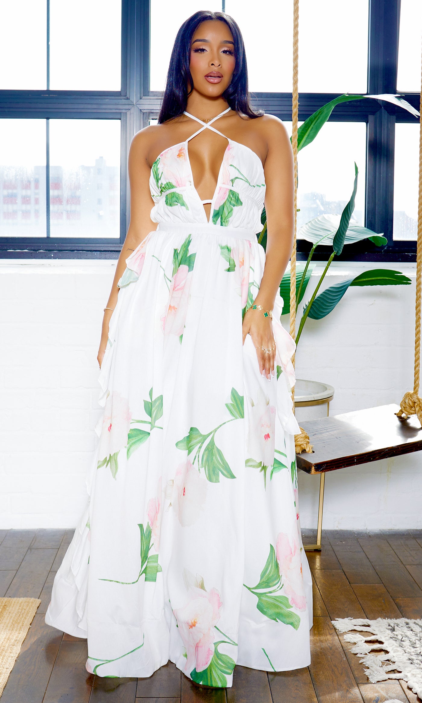 Floral Sleeveless Deep V-Neck Ruffle Maxi Dress- White Multi - Cutely Covered