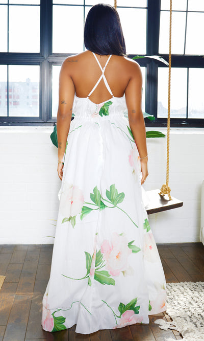 Floral Sleeveless Deep V-Neck Ruffle Maxi Dress- White Multi - Cutely Covered