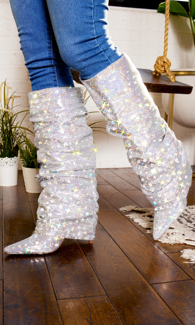 Sequins Point Toe  Boots - Silver - Cutely Covered