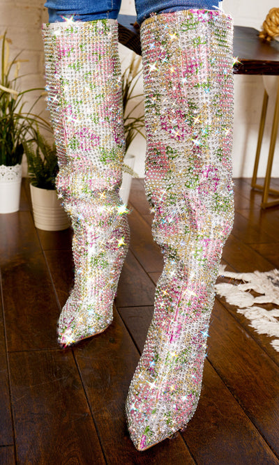 Floral Bling Point Toe  Boots - Cutely Covered