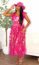 Michelle Blossom Embroidered Midi Dress - Fuchsia - Cutely Covered