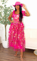 Michelle Blossom Embroidered Midi Dress - Fuchsia - Cutely Covered