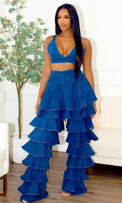 Anaya Ruffle & Rise Tiered Denim Duo Preorder Ships End Oct- Early Nov - Cutely Covered