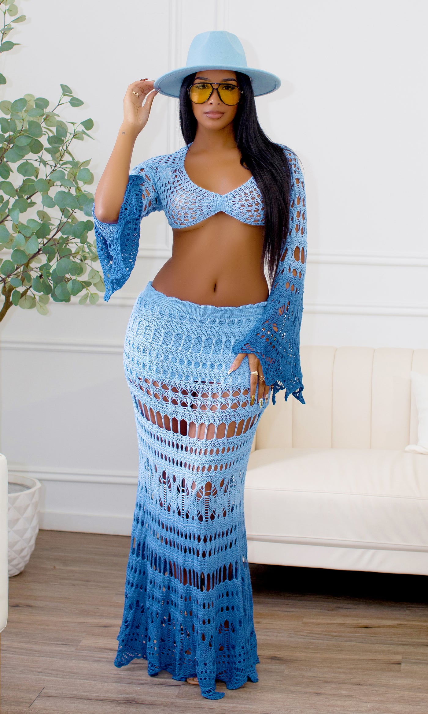Trinity Boho Sheer Ombre Fishtail Crochet Maxi Skirt - Blue - Cutely Covered