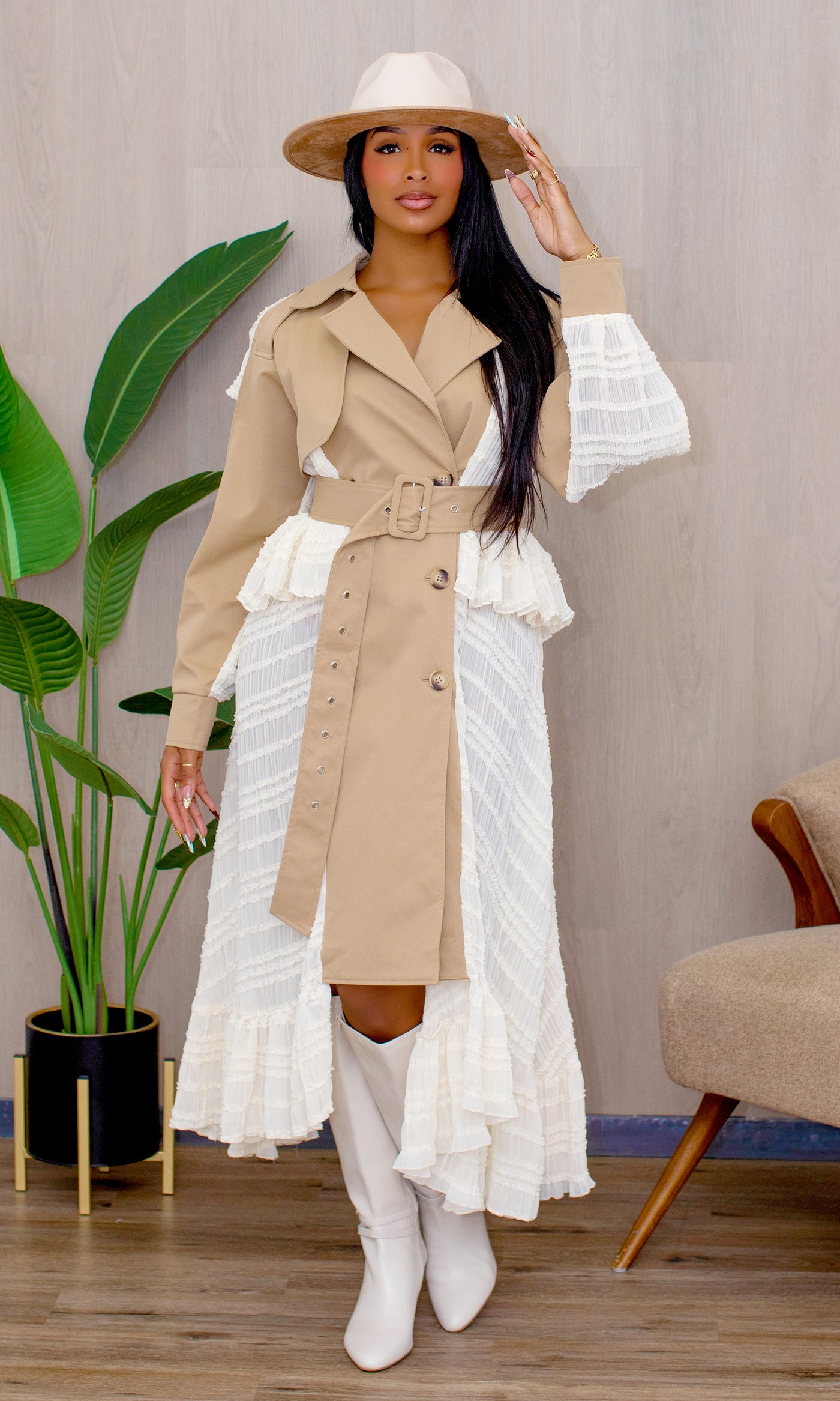 Rosie Trench With Ruffle Dress in Beige Cream Preorder Ships End Oct- Early Nov - Cutely Covered