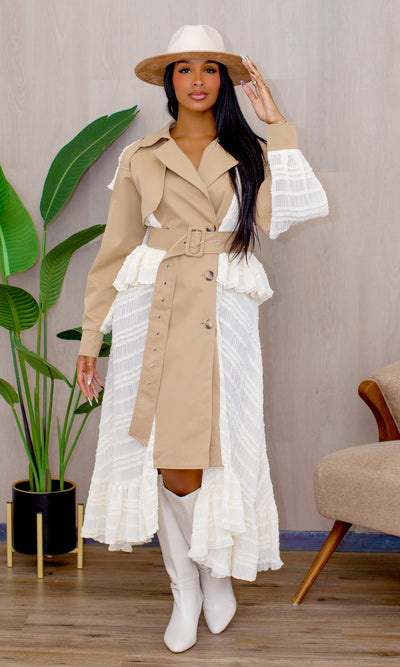 Rosie Trench With Ruffle Dress in Beige Cream Preorder Ships End Oct- Early Nov - Cutely Covered