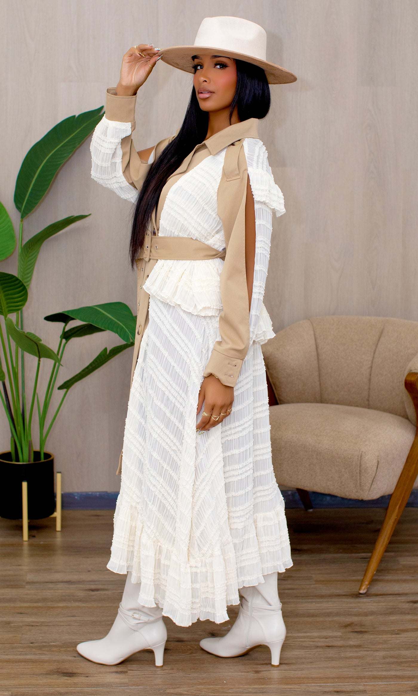 Rosie Trench With Ruffle Dress in Beige Cream Preorder Ships End Oct- Early Nov - Cutely Covered