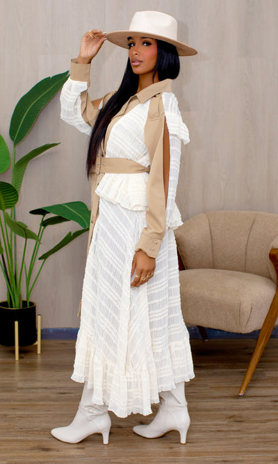 Rosie Trench With Ruffle Dress in Beige Cream Preorder Ships End Oct- Early Nov - Cutely Covered