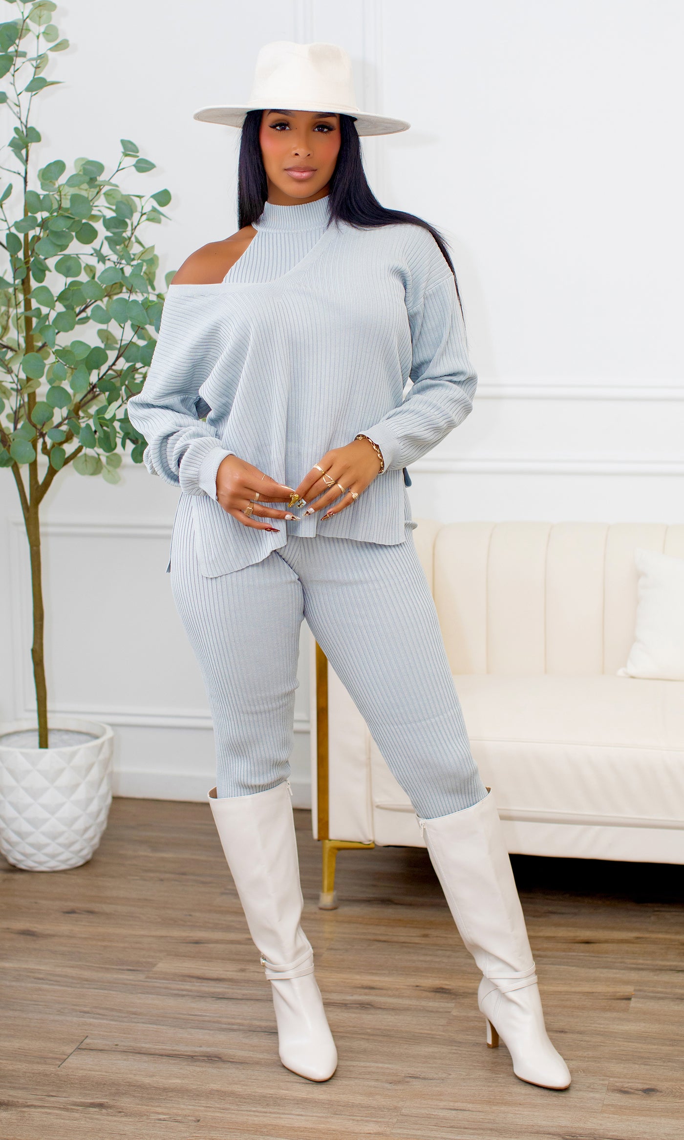 Aisha Cut-Out Ribbed Knit Layered Set - Grey - Cutely Covered