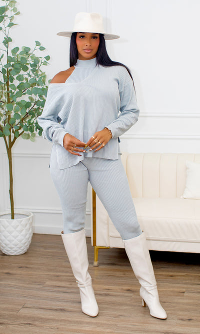 Aisha Cut-Out Ribbed Knit Layered Set - Grey - Cutely Covered