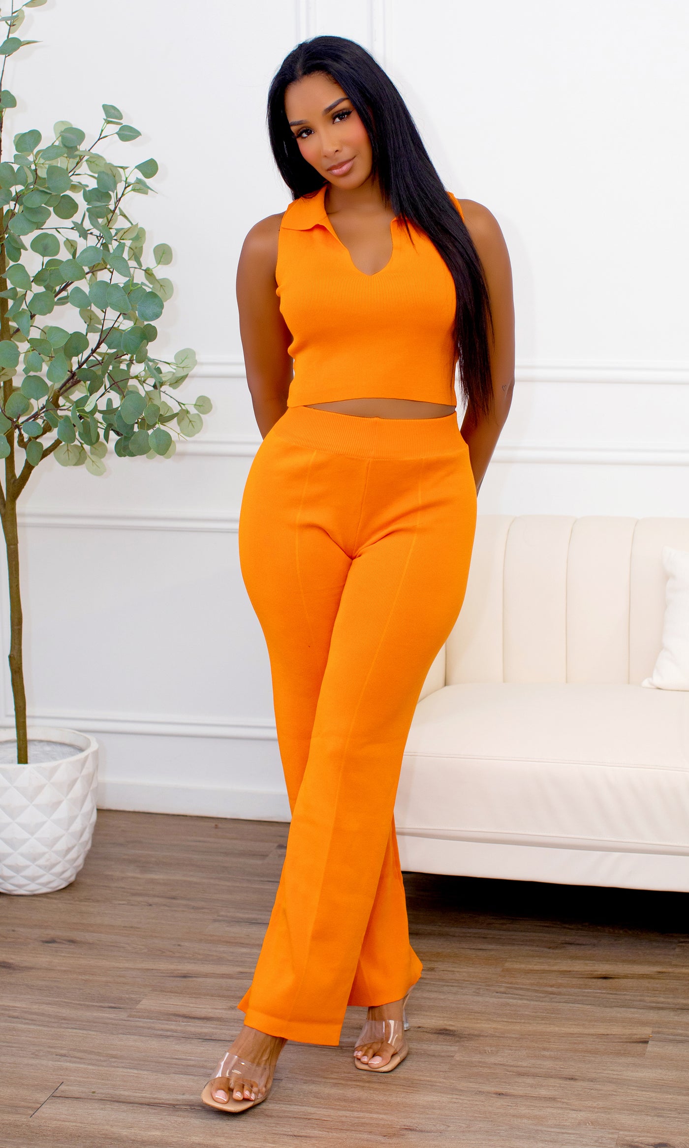 Kalani Collared Crop Top & Wide-Leg Pants Set - Orange - Cutely Covered