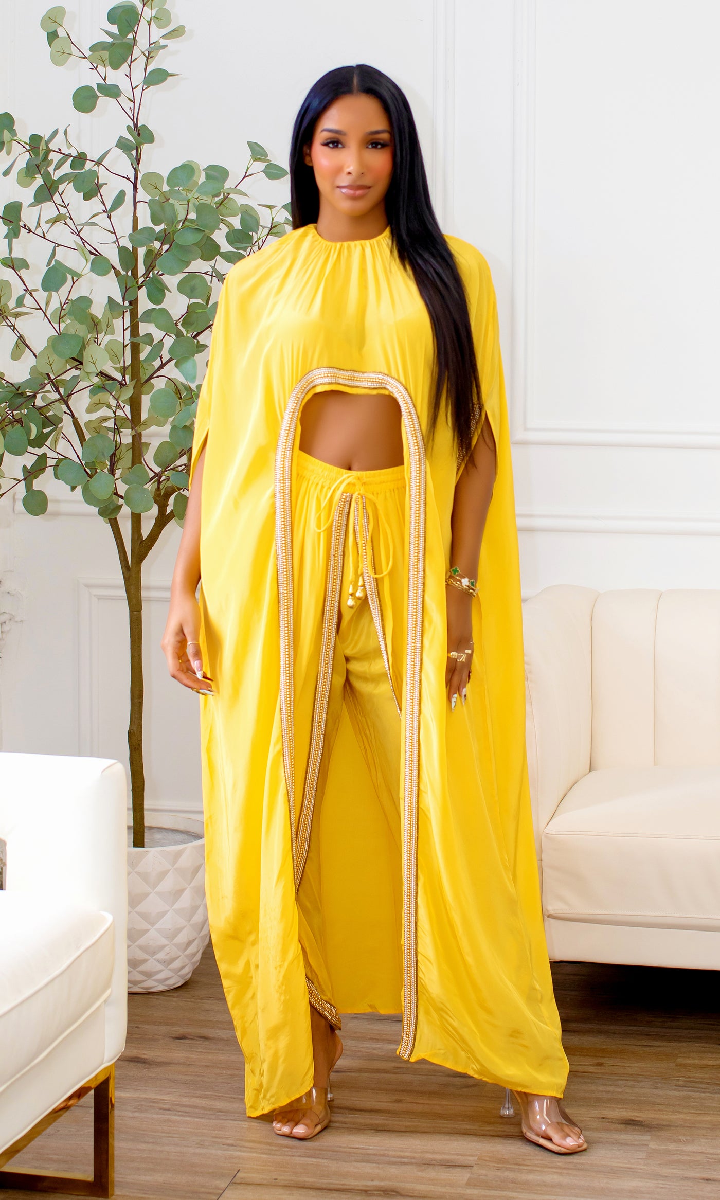 Hera | Hand Beaded Cape Pants Set - Yellow - Cutely Covered