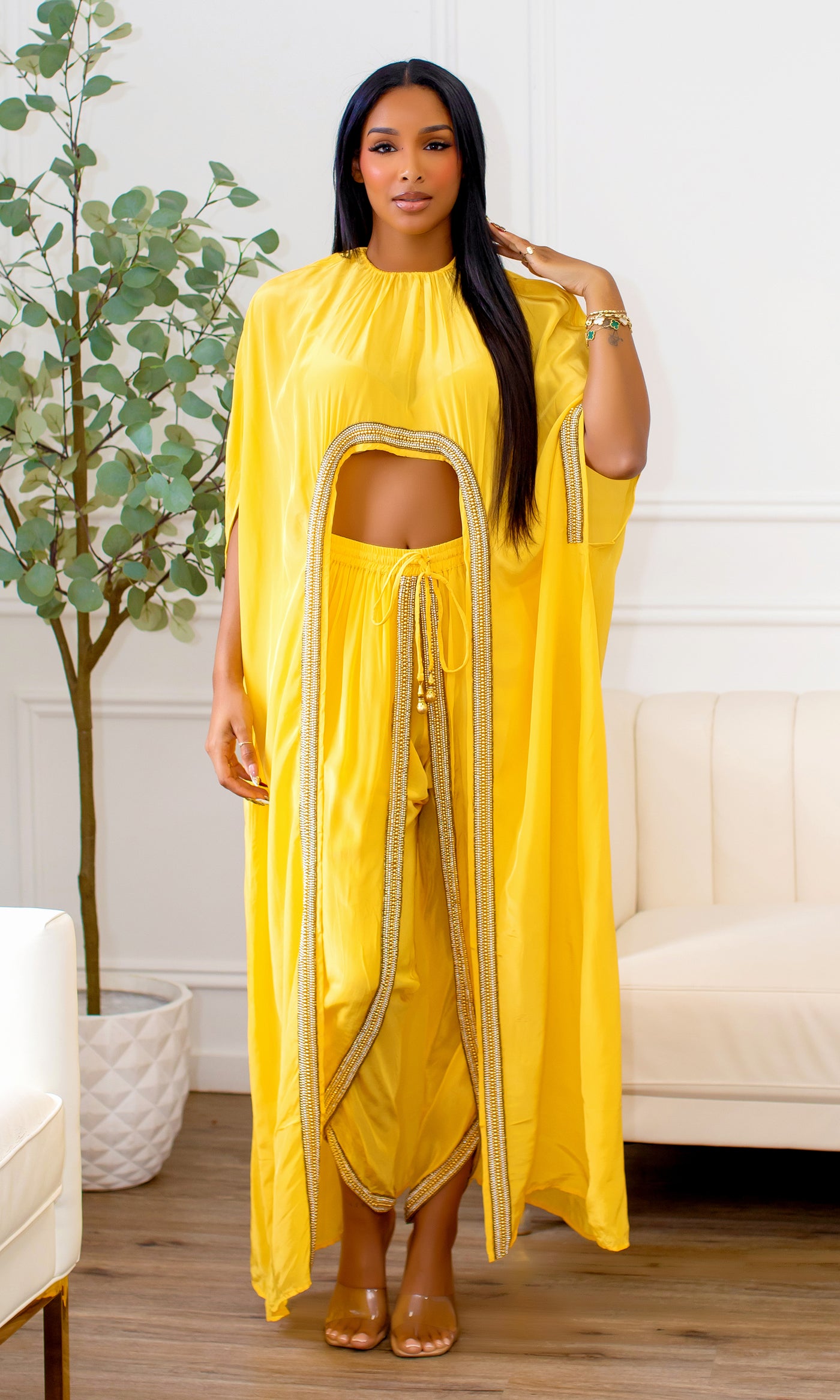 Hera | Hand Beaded Cape Pants Set - Yellow - Cutely Covered