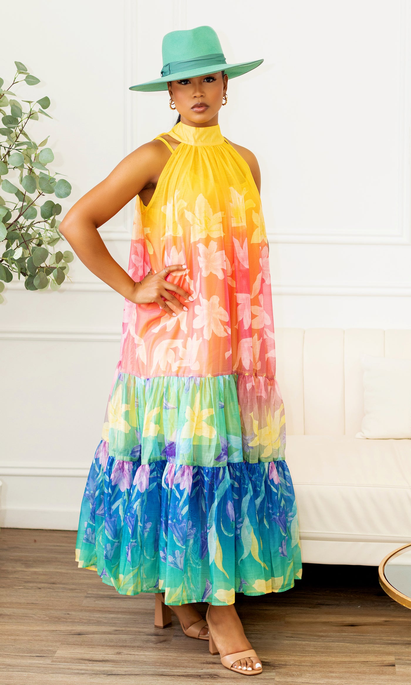 Jimena Radiant Blooms Tiered Halter Maxi Dress - Cutely Covered