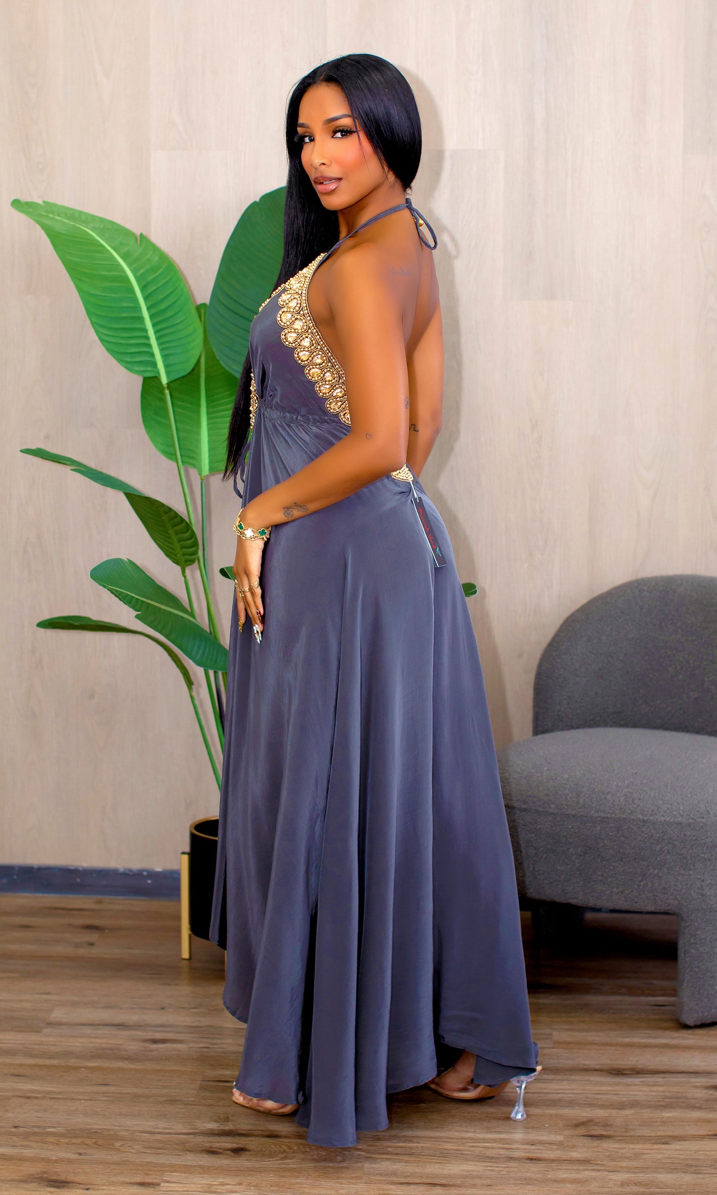 Beaded Flowy Dress - Grey - Cutely Covered