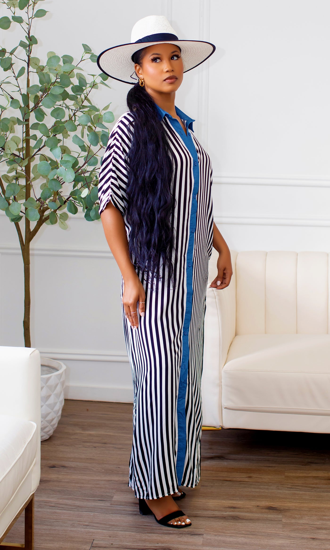 Jovique Striped Button-Down Maxi Shirt Dress - Cutely Covered