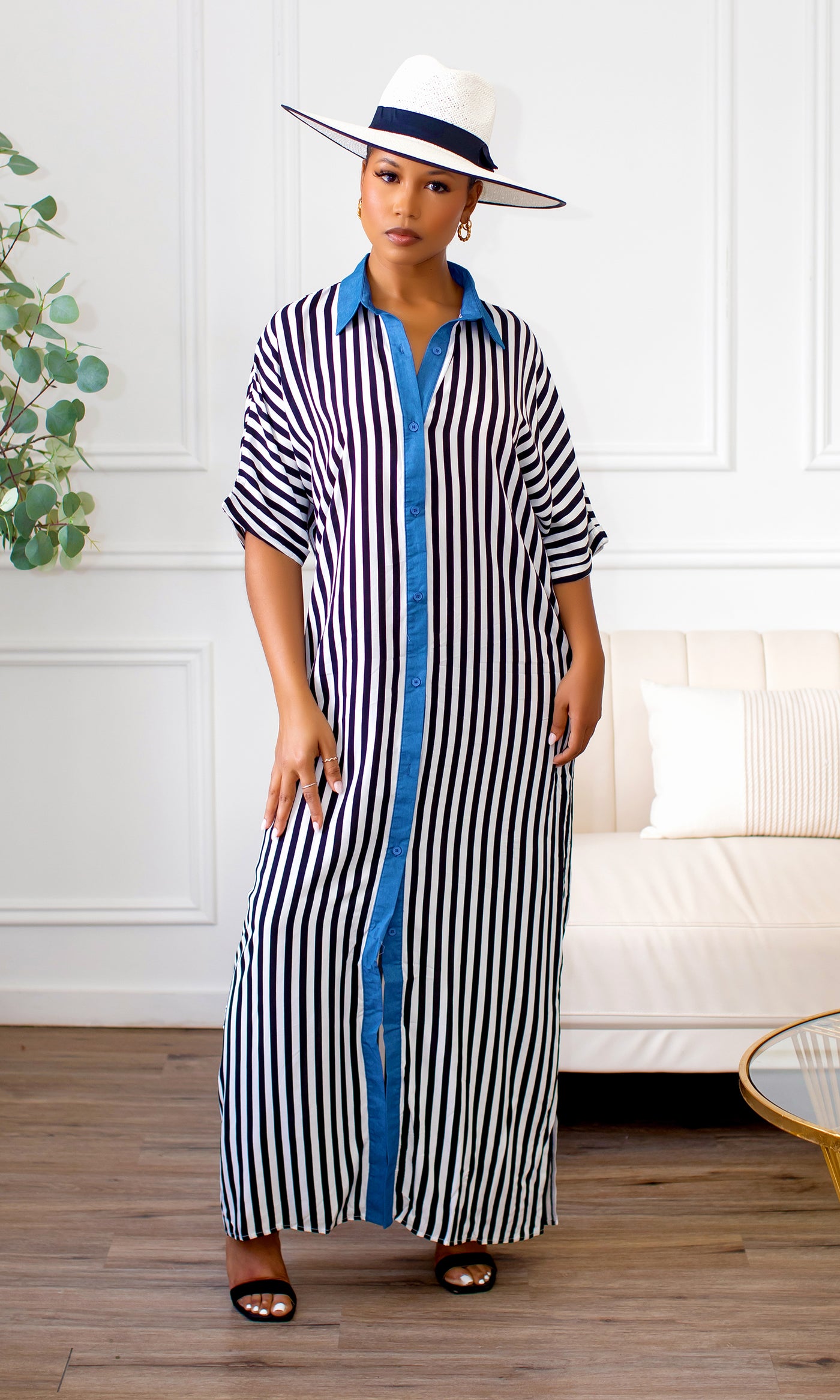 Jovique Striped Button-Down Maxi Shirt Dress - Cutely Covered
